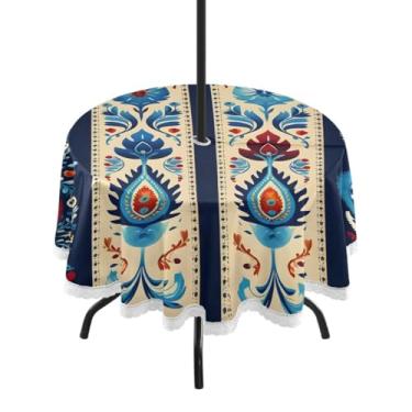 Imagem de CEBUGI Toalha de mesa redonda para uso ao ar livre, boêmia, floral, impermeável, com furo Umberlla, capa de mesa lavável para pátio, cozinha, sala de jantar, 152 cm