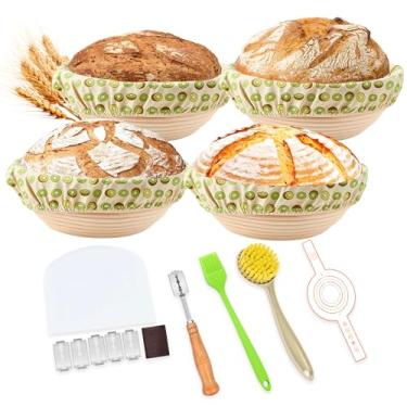 Imagem de Conjunto de cesta para presente, 4 peças de pão Banneton redondo de 23 cm, cesta Banneton à prova de pão, kit inicial de massa fermentada, suprimentos para assar pão de fermento (estilo kiwi)