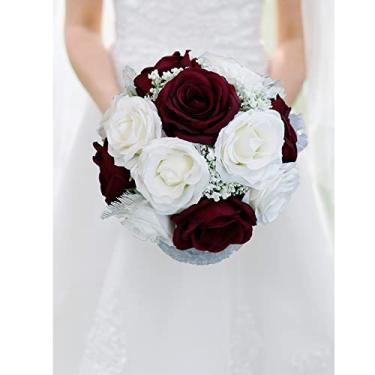 Imagem de LMJYU Buquês de casamento buquê de flores artificiais rosas brancas rosas artificiais noiva dama de honra segurando ramos de flores decoração interessante