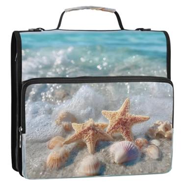 Imagem de CEBUGI Fichário de 3 anéis com zíper com alça de ombro, pasta de arquivo expansível de 3,8 cm, anéis D de 3,8 cm, para escola, escritório, estrela-do-mar e conchas