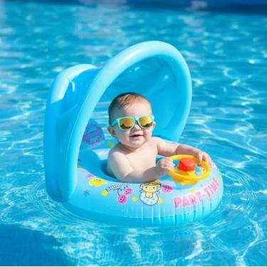 Imagem de Boia Inflável Infantil Rosa com Volante e Buzina + Cobertura Removível – Piscina, Praia ou Mar | Diversão e Segurança para Crianças Pequenas (Azul)