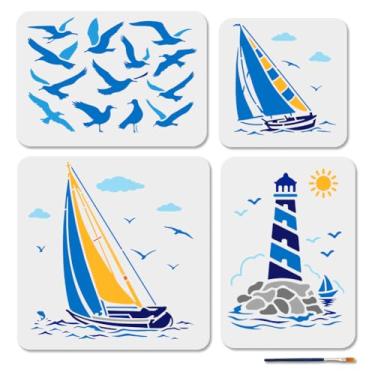 Imagem de MAYJOYDIY 4 peças de estêncil de gaivota de veleiro reutilizável para pintura de 7,9 ~ 30 cm modelo de desenho de mar Mew com pincel de pintura para móveis de parede papel tela scrapbook decoração