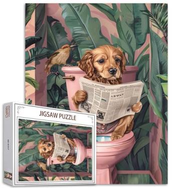 Imagem de Tucocoo Quebra-cabeça de cachorrinho no banheiro, 1000 peças para adultos, cachorro fofo, planta tropical, banheiro, arte, quebra-cabeça para jogos desafiadores de atividades em família, colorido