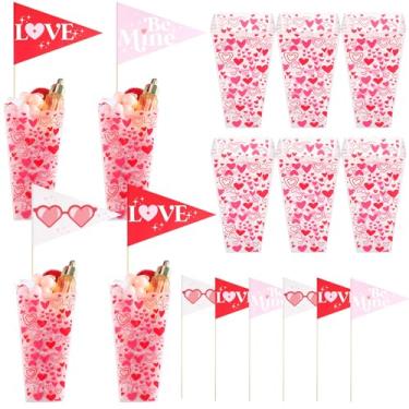 Imagem de Thyle Pacote com 6 caixas de presente de plástico para Dia dos Namorados com bandeiras de etiqueta, cesta de presente de coração rosa transparente vazia para encher recipientes de doces recortados