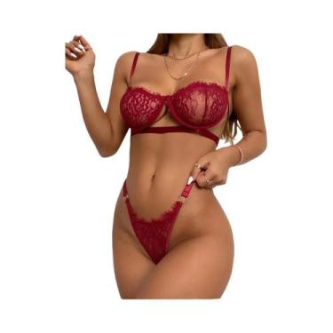 Imagem de Conjunto De Sutiã E Calcinha De Renda Transparente Floral Para Mulhere