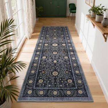 Imagem de GarveeHome Boho Tapete de corredor de 5 x 15 cm para corredores, antiderrapante, vintage botânico, tapete lavável para entrada, resistente a manchas, tapete azul para quarto, chão, lavanderia