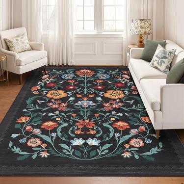 Imagem de Tapete lavável 22 x 30 cm para sala de estar, tapete floral para quarto, tapete macio vintage antiderrapante com parte traseira de borracha, tapete floral boho resistente a manchas de pilha baixa para