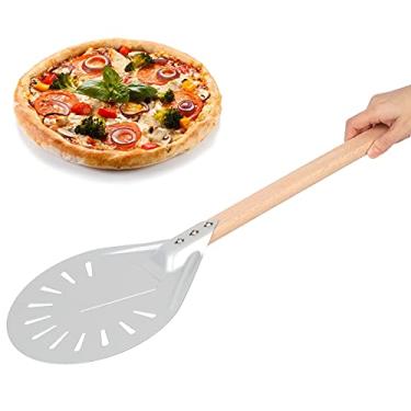 Imagem de Zerodis Espátula Redonda para Pizza, Liga de Alumínio Perfurada para Pizza, pá para Com Cabo de Madeira Destacável de 41 Cm para Amantes de, (Pá de perfurada de 9 polegadas (com cabo de)