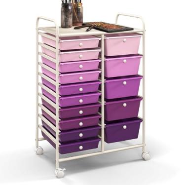 Imagem de Carrinho de armazenamento com 15 gavetas, carrinho utilitário móvel com rodas bloqueáveis, gavetas, carrinho organizador multiuso para casa, escritório, escola, roxo gradiente
