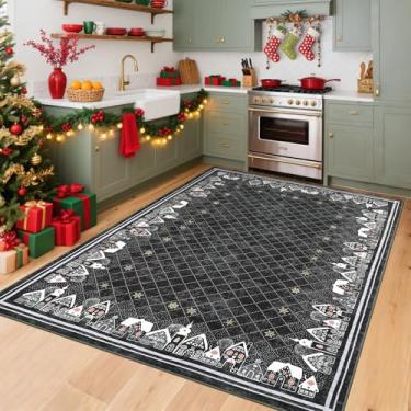 Imagem de Tapete de Natal 12 x 18 cm para quarto, sala de estar, antiderrapante, grande, decoração de férias, tapete lavável, decoração de Natal, tapetes bordados, tapete para berçário, cozinha, cinza