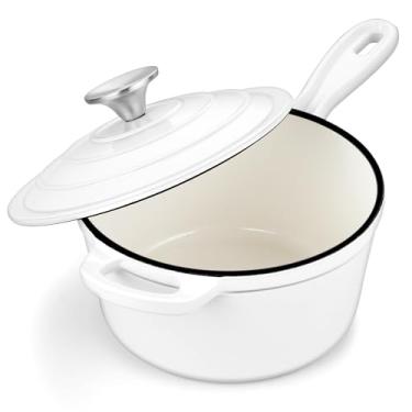 Imagem de Panela de 3 litros com tampa, panela Leonyo de ferro fundido esmaltado, panela de ferro fundido resistente, utensílios de cozinha de forno holandês para todos os cooktops, fazer macarrão, leite, ovo