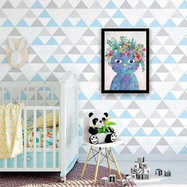 Imagem de Quadro Decorativo Ilustração Infantil Gatinha Azul