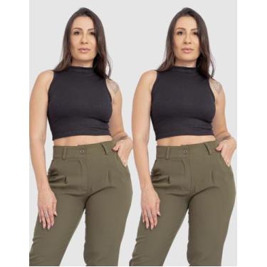 Imagem de Kit 2 Cropped Blusa Feminina Canelada Gola Alta Casual Elegante Verão 