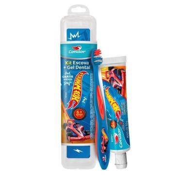 Imagem de Kit Higiene Bucal Infantil Hot Wheels Gel 50g Escova e Estojo Condor Proteção contra Cáries