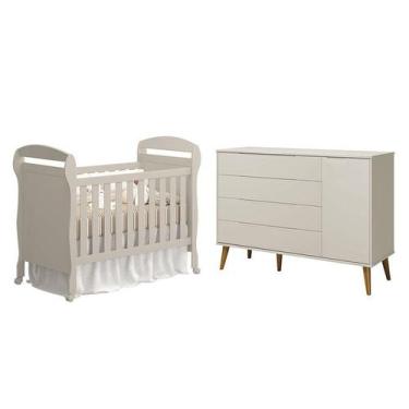 Imagem de Berço Americano Danny e Cômoda com Porta Elfe Retrô Areia Acetinado Am