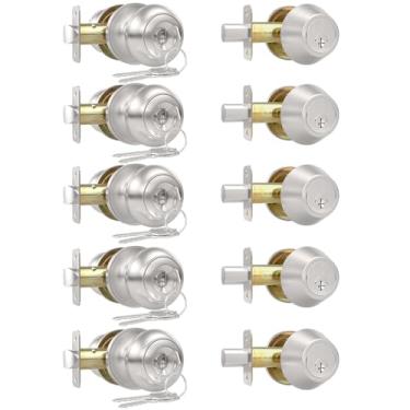 Imagem de AEEKEL Conjunto de maçanetas de porta externa com chave para fechadura da porta da frente, pacote com 5 maçanetas de porta de entrada com chave e conjunto de fechadura de cilindro único, maçanetas de
