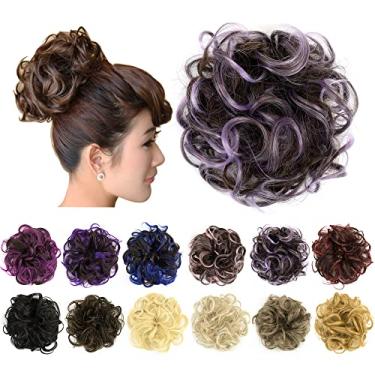 Imagem de IMISSU 2PCS de cabelo bagunçado coque updo scrunchies falsos rabo de cavalo extensão de cabelo ondulado encaracolado chignon faixa de cabeça para meninas (2PCS Castanho Roxo Claro)