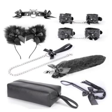 Imagem de Kit para Casais, Algemas Chicote, Gola Pescoço, Brinquedos Sexuais, Jogos para Adultos, Incluir Saco, 8 Peças (Preto)