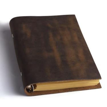 Imagem de Fishknow Caderno de couro recarregável, diário de couro vintage, caderno de fichário A6 de 17 x 12 cm (marrom escuro)