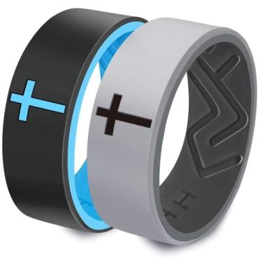 Imagem de XAHH Conjunto de 2 anéis de silicone para homens e mulheres, alianças de casamento de borracha para casais religiosos, cruz, cristãos, clássicos, simples, religiosos, preto, cinza, rosa e roxo,