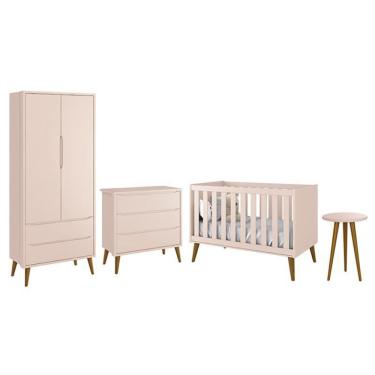 Imagem de Dormitório Infantil Theo Retrô 2 Portas, Cômoda, Berço e Mesa de Apoio com Pés Amadeirado - Reller Móveis Rosa Fosco