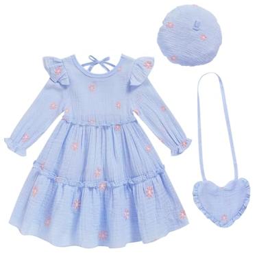 Imagem de Toddler Girl Dress Kids Long Sleeve Ruffle Dresses Fall Winter Outfit Hat Bag Floral Girls Casual Playwear Dress