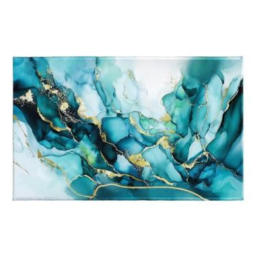 Imagem de Evlaschin Tapete de banheiro de mármore azul petróleo, estampa abstrata, marmorizado, tapetes de banheiro 81 x 50 cm, luxuoso, turquesa, dourado, antiderrapante, absorvente, para cabeceira, chuveiro