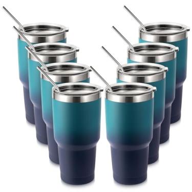 Imagem de Volhoply Caneca isolante de 900 ml com tampa e canudo pacote com 8, canecas de café de viagem de parede dupla para bebidas quentes/frias, cabe em porta-copos de carro, sem BPA (preto noturno, 8