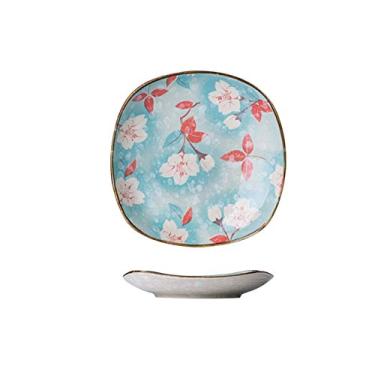 Imagem de SUNESA Prato de Serviço Cerâmica Prato de Jantar Estilo Japonês Salada Sushi Bife Prato de Servir Prato de Molho de Flores Azuis Pratos de Louça (Cor: E)
