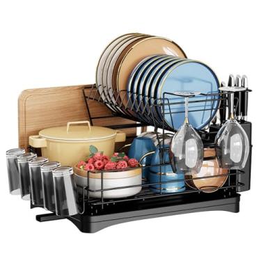 Imagem de Escorredor de louça de 2 camadas para balcão de cozinha, escorredor de pratos removível com drenagem, coador grande à prova de ferrugem com suporte de utensílio