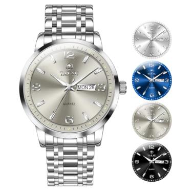 Imagem de Taxau Relógio masculino prata grande à prova d'água relógio analógico quartzo masculino relógios de pulso masculinos de aço inoxidável de luxo fácil de ler com data do dia Reloj para Hombre