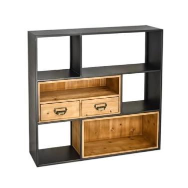 Imagem de CFGH6FDF Estante quadrada de ferro, prateleiras de livros montadas na parede, com gaveta dupla de madeira, para sala de estar, escritório, cozinha, prateleira de livros independente