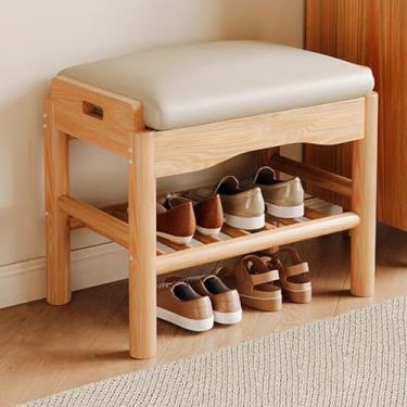 Imagem de Banco de entrada de madeira com armazenamento e almofada acolchoada - Rack organizador de sapatos à prova de intempéries para sala de estar, quarto, corredor, apartamento - Banco de madeira natural