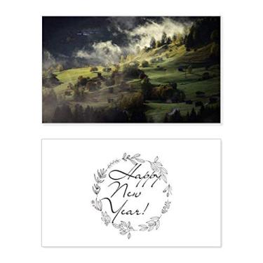 Imagem de Cartão de felicitações Village Fog Hill Paisagem Floresta Ano Novo Festival Bless Mensagem presente
