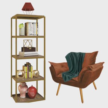 Imagem de Kit Poltrona Fatte com Manta Soft Verde e Estante Livreiro Ferro Dourado mdf Caramelo Suede Terracota - Ahz Móveis