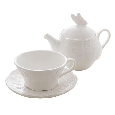 Imagem de Conjunto 3 Peças Bule XícarasPires Em Porcelana Chá Butterfly Flower Borboleta Flores Lyor