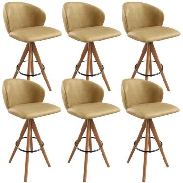 Imagem de Kit 06 Banquetas Alta Mia L02 Assento Courino Base Madeira Encosto Fixo Fendi para Bar