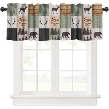 Imagem de Cortinas rústicas de cabana de cozinha, sanefas, casa de fazenda, retrô, urso, veado, alce, animais selvagens, tratamento de janela, cortinas curtas para banheiro, quarto, sala de estar, 137 x 45 cm