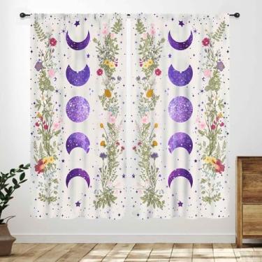 Imagem de Cortinas de fase da lua para quarto, boho, flores silvestres, plantas, botânicas, roxas, luas, jardim iluminado, floral, gótico, retrô, para janela, tratamentos para cozinha, quarto, sala de estar,