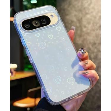 Imagem de JANDM Capa protetora compatível com Google Pixel 9 Pro XL, transparente, holográfica, coração, glitter, bonita, à prova de choque, para meninas e mulheres