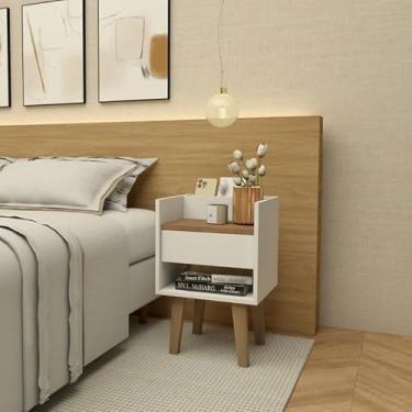 Imagem de Mesinha Cabeceira Branca Criado Retrô Pés Madeira Mdf Quarto