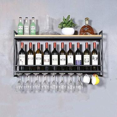 Imagem de Prateleira de parede de arte de ferro para montagem na parede, suporte para garrafa de vinho de madeira maciça, suporte para copos de vinho ()