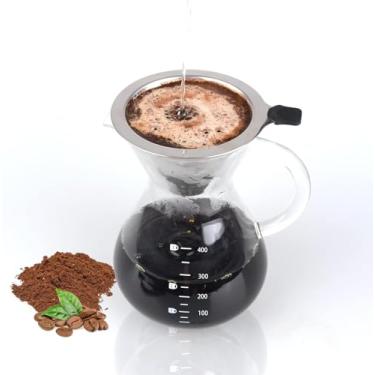 Imagem de T-mark Cafeteira com filtro reutilizável de aço inoxidável de camada dupla, jarra de café de vidro sem BPA de 400 ml, cafeteira de vidro, gotejador de café