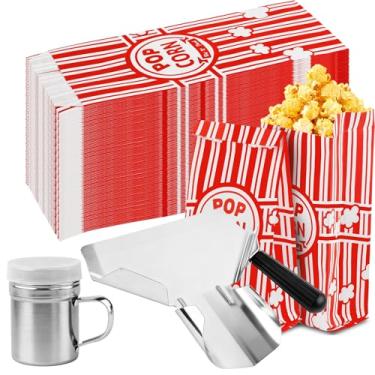Imagem de 220 sacos de pipoca de papel, porções individuais, sacos de milho pop vermelhos e brancos de 28 g com colher de pipoca e saleiro para suprimentos de carrinho de máquina (220)