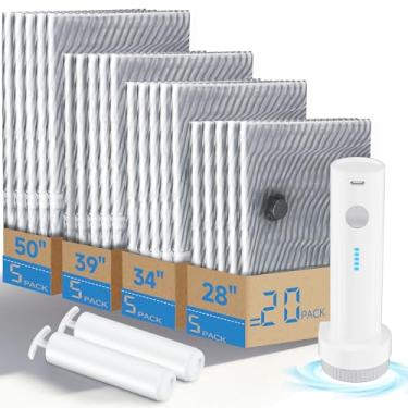 Imagem de 20 sacos de vedação a vácuo para roupas com bomba de ar elétrica, economia de espaço de compressão, sacos de armazenamento a vácuo para bagagem, viagem, cobertores, travesseiros, roupa de cama e