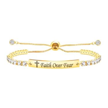 Imagem de OIDEA Pulseiras de tênis para mulheres: Faith Over Fear Presentes Inspiradores para Mulheres 3 mm Slim Retangular Zircônia Aço Inoxidável Ajustável Slider Correntes Pulseiras Joias Presentes, one size