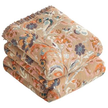 Imagem de Cobertor Boho para cama 228,6 cm x 248,9 cm, cobertor de tecido 100% algodão para sofá de sofá, colcha de musselina ultra macia de 4 camadas com estampa floral, cobertor/capa de cama de fazenda para