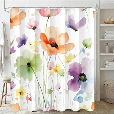 Imagem de AnyDesign Cortina de chuveiro floral primavera decoração de banheiro aquarela boho flor colorida tecido impermeável conjunto de cortina de banho com gancho para festa em casa hotel, 182 x 182