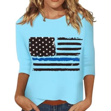 Imagem de Camisetas femininas 4th of July 4th of July Shirts Star Stripes 3/4 Sleeve American Flag Shirt Summer Fashion 2024, 1 azul celeste, G