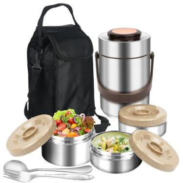 Imagem de SSAWcasa Thermos para comida quente, lancheira empilhável de 3 camadas com isolamento térmico de 1,899 g, grande pote térmico de sopa com lancheira, garfo, recipiente de viagem de aço inoxidável para